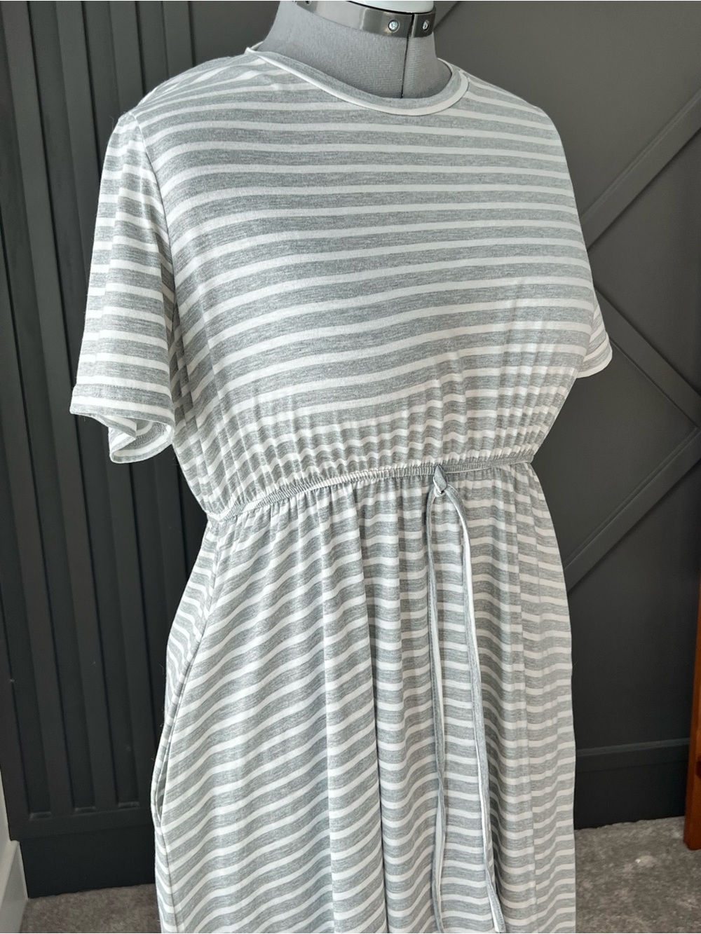 Striped Gray & White Maxi Dress with Elastic Waist